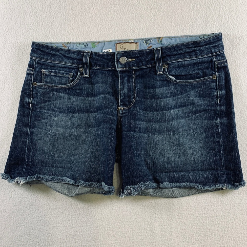 Paige Denim Shorts Women's Size 26 Dark Wash Blue Low Rise Raw Hem 5" Inseam